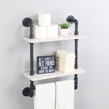 Rustic 2-Tier Bathroom Shelf with Towel Bar - Farmhouse Style Over Toilet Storag