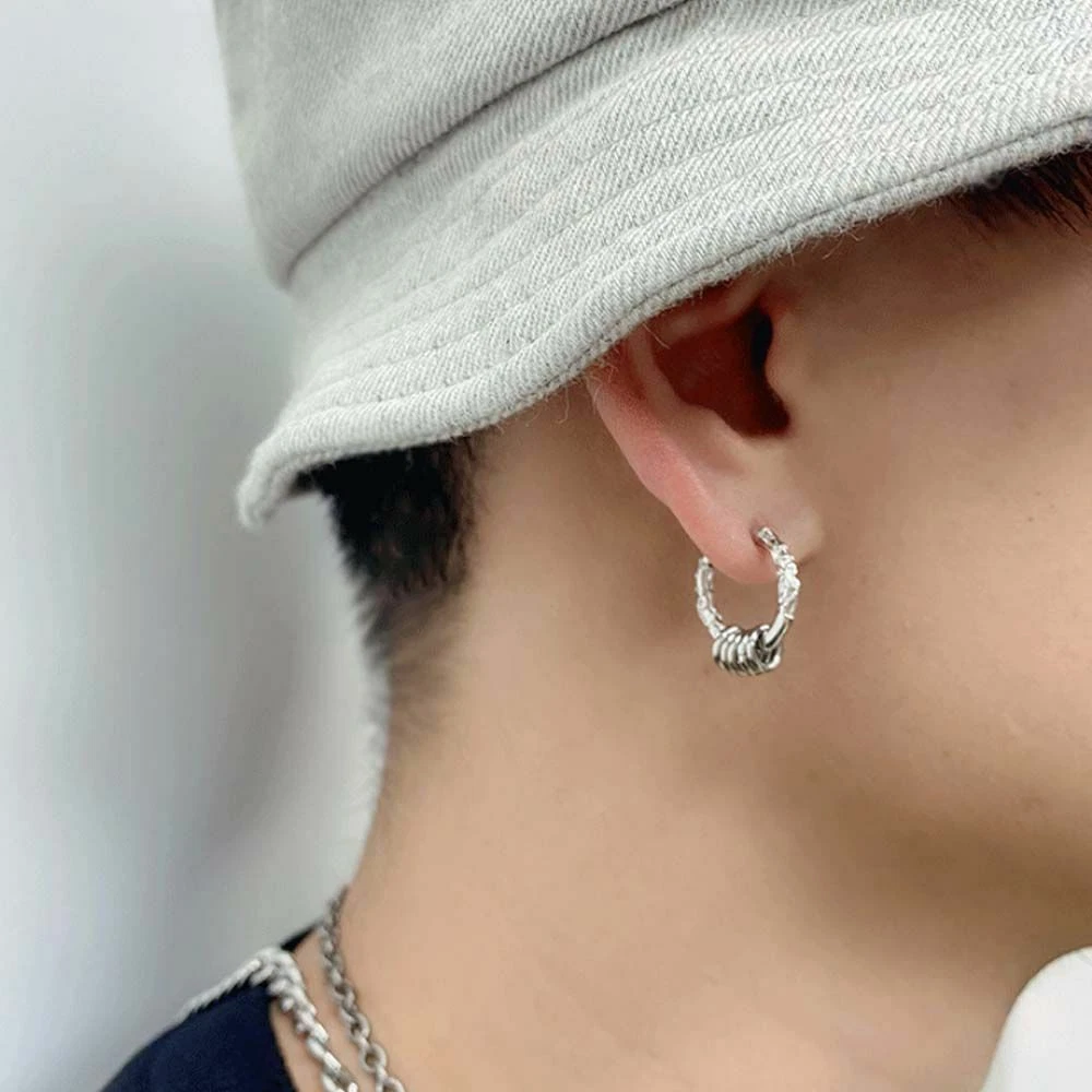 Men's round shop silver earrings