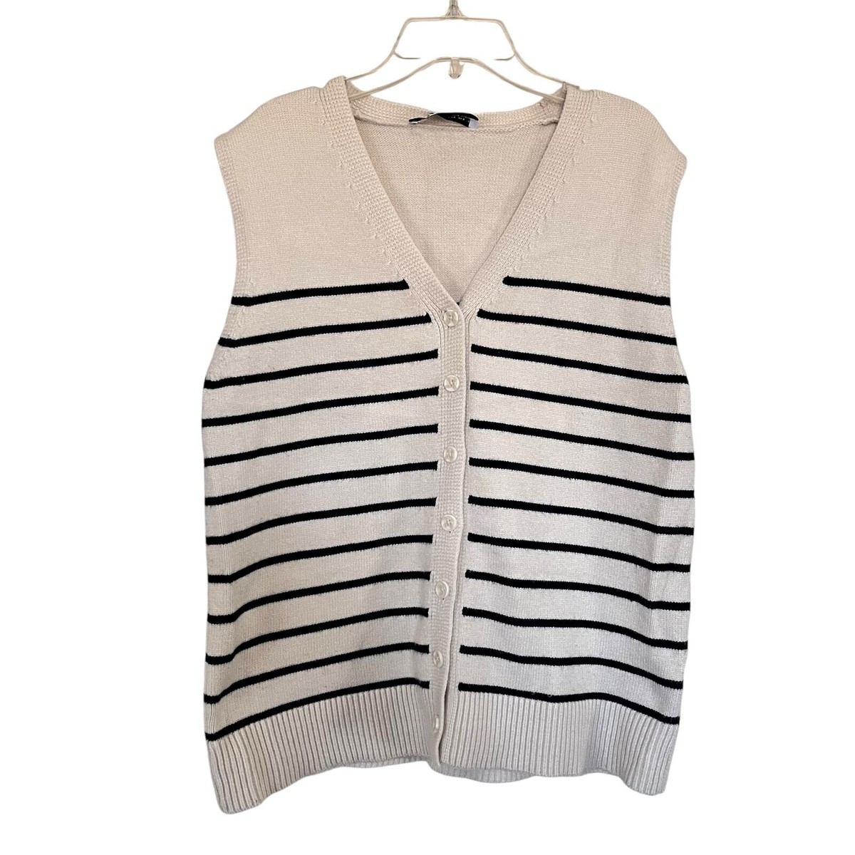 Zara Cream Black Striped Knit Sleeveless Cardigan Sweater Vest