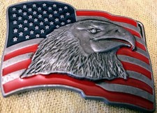 VINTAGE 1970s PEWTER AMERICAN BALD EAGLE  USA FLAG PATRIOTIC BELT BUCKLE