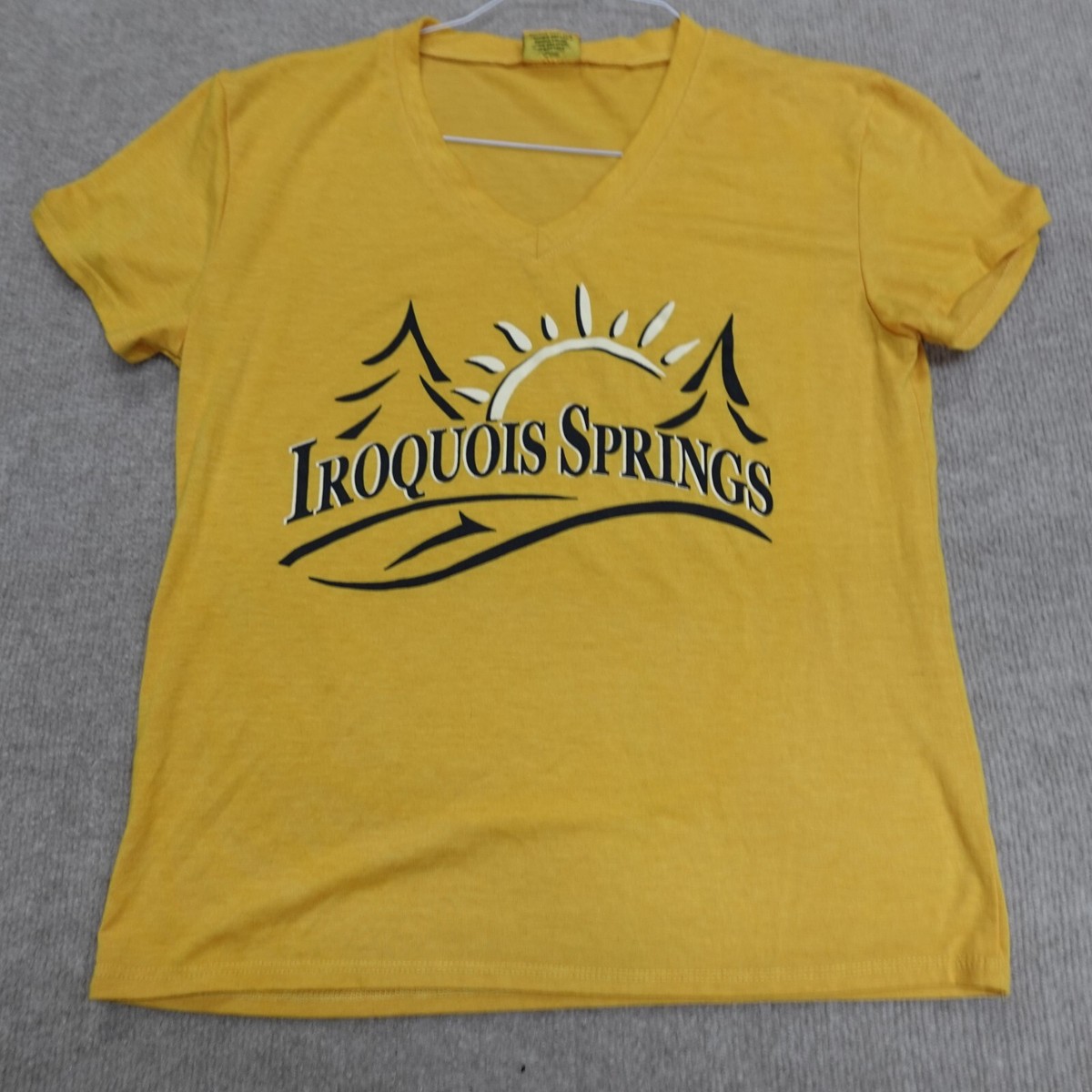 Vintage Iroquois Springs Womens T-shirt M Yellow V-Neck USA Made 