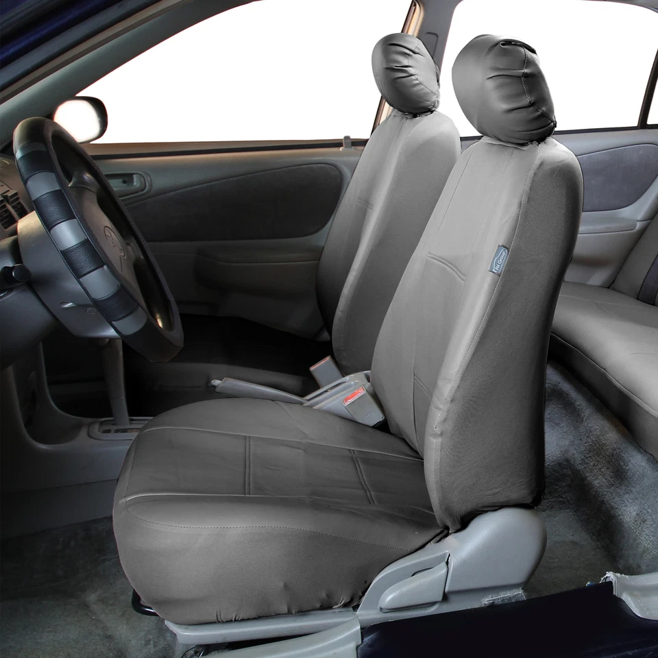 Capas de assento de couro ecológico com 5 encostos de cabeça destacáveis e banco sólido cinza sólido - Imagem 2 de 4