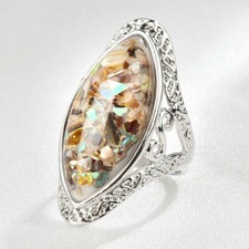 925 Sterling Silver Mother of Pearl Abalone Sea Shell Chips Fashion Ring Size 7