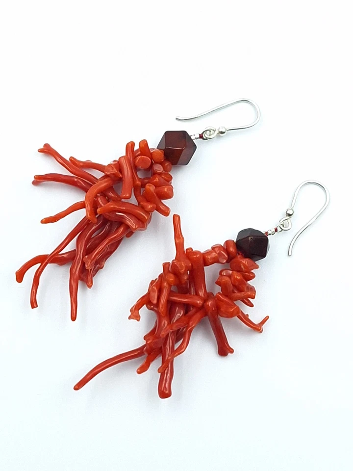 Orecchini Donna Vero Corallo Rosso Salmone Frange Pendenti Argento 925 Ambra - Immagine 4 di 4