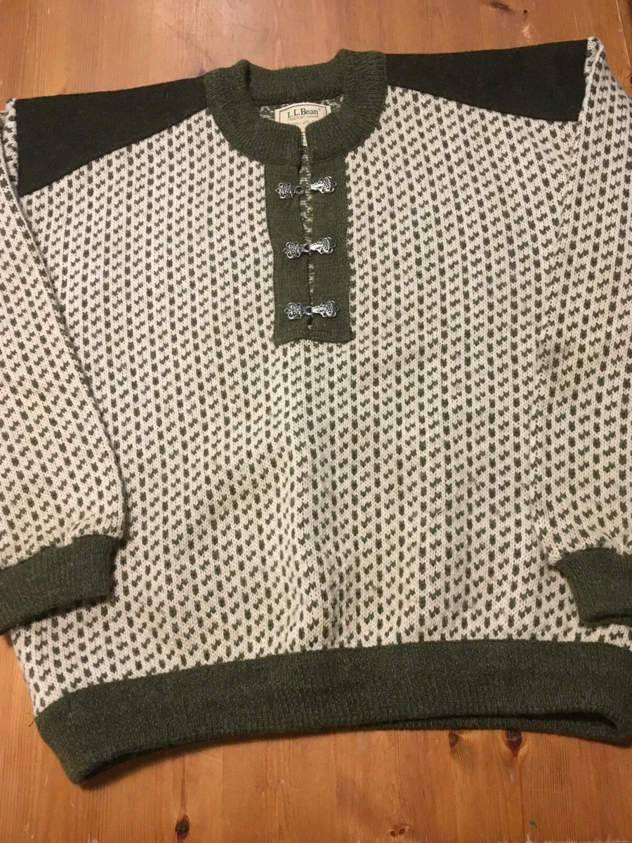 VTG 80s LL Bean Norwegian Birdseye Wool Sweater Green Felt Henley Clasps RARE L