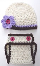 CROCHET FLOWER HAT DIAPER SET baby infant toddler child soft white knit prop USA