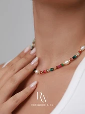 Gold Gemstone Beaded Necklace Rainbow Bead Women Jewelry Gift Ready in Box