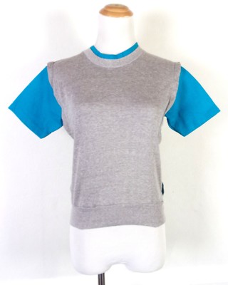 トップス vintage yarell no collar design shirt vtg 80s soft thin Retro Gray / Bright Blue 2 Tone Layered
