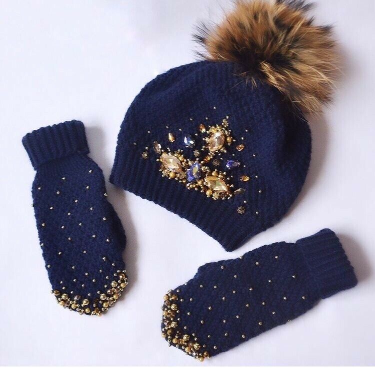 Handmade Warm Beaded Wool Hat Scarf Triple Set With Gloves Beaded Winter Sets image 6