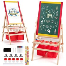 Flip-Over Double-Sided Kids Art Easel with Paper Roll Storage Bins  Accessories