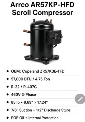 Arrco AA54KP-HFD 5 Ton Scroll Compressor NEW IN BOX