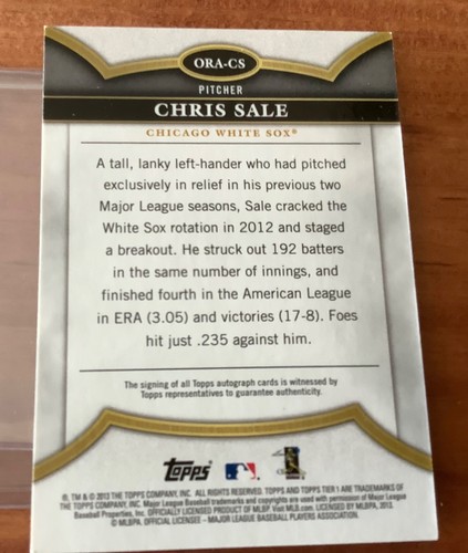 2013 Topps Tier One On the Rise Auto CHRIS SALE #ORA-CS White Sox 7/10 - Picture 2 of 2