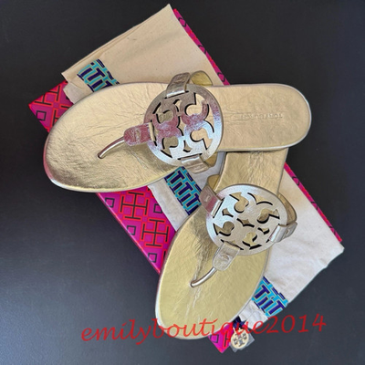 #ad #ad NIB Tory Burch Miller Size 9.5 Spark Gold Metallic Wrinkled Leather Sandals $200 $139.00
