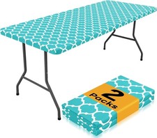 2 Pack Rectangle Table Cloth 6 Foot, Waterproof Elastic Fitted Tablecloths,