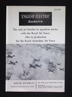 Original 1953 Reklame englisches elektrisches Canberra RAF Jet Bomber Flugzeug