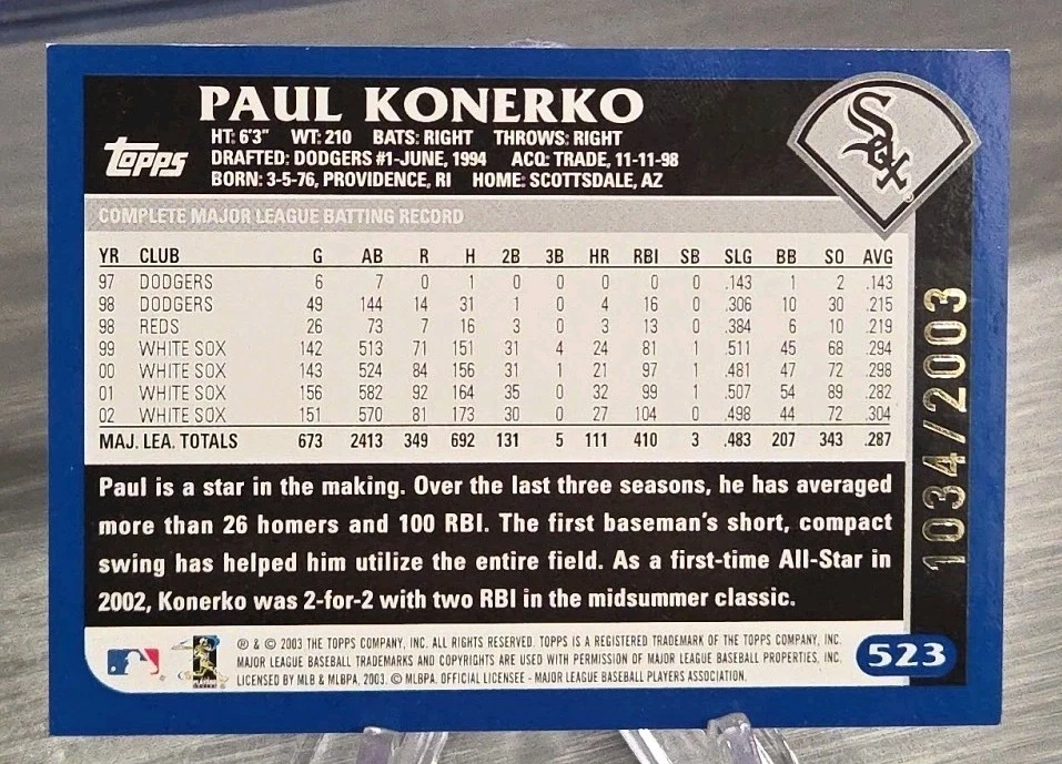 Paul Konerko 2003 Topps Gold /2003 #523 Chicago White Sox - Image 2 of 3