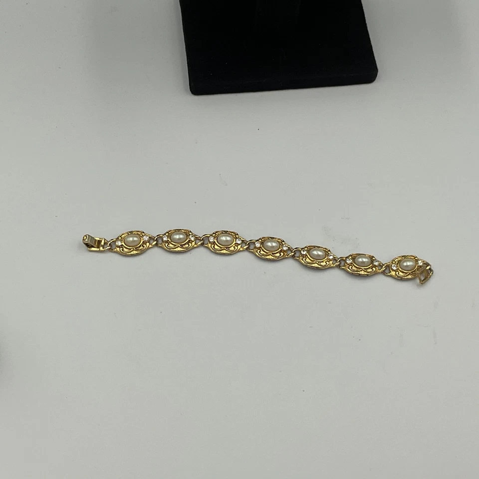 Золотой тон искусственного жемчуга со стразами овальный браслет из звеньев 7 дюймов - Изображение 3 из 4