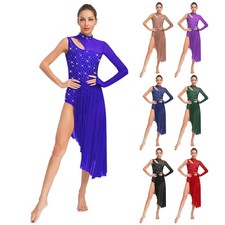 Women's Rhinestone Lyrical Dance Costume One Shoulder Ballroom Ballet Dancewear 