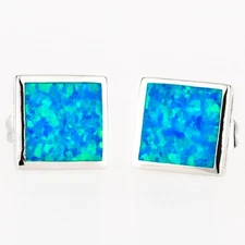 9x9 Square Ocean Blue Fire Opal Silver Jewelry Stud Earrings