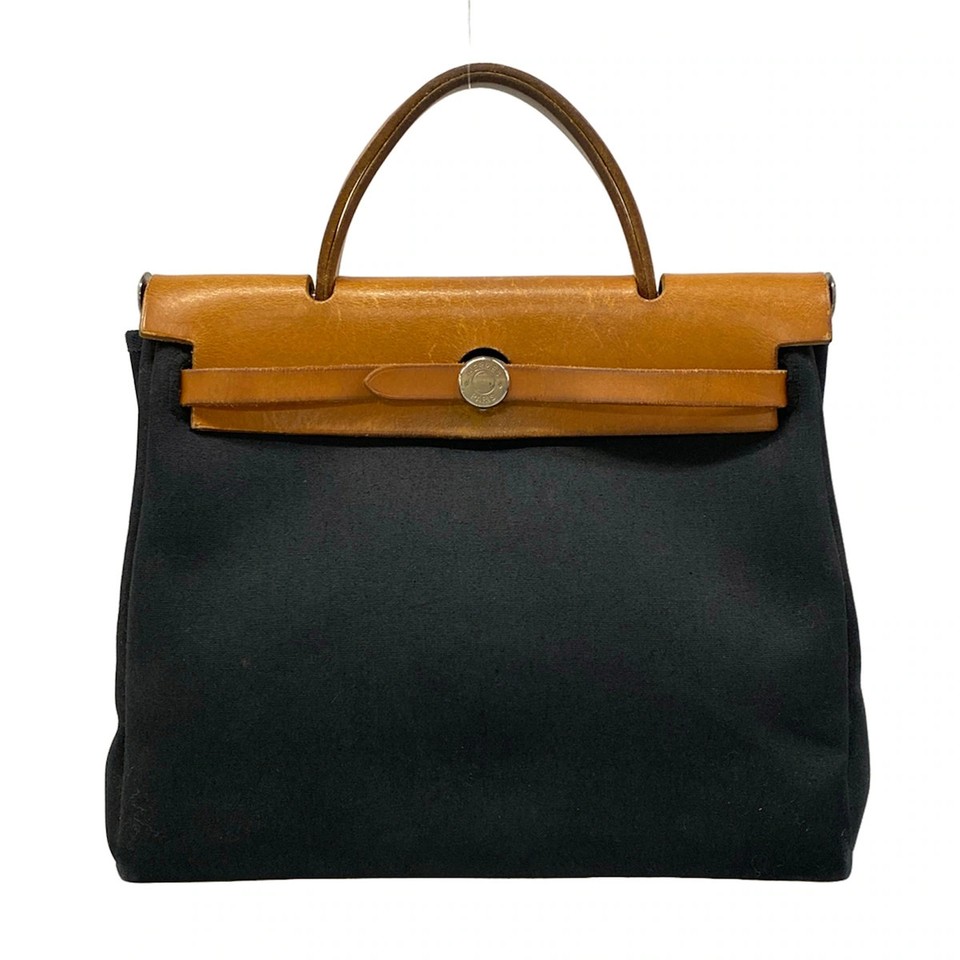 HERMES Herbag PM Black Brown Toile Officier Box Calf Square F Handbag