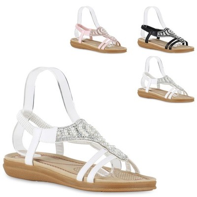 Damen Sandalen Riemchensandalen Zierperlen Flats Sommer Schuhe 830073 Trendy Neu