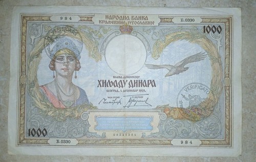 Yugoslavia 1000 Dinara Banknote 1931 WW2 Era Currency Queen Marija Karađorđević - Picture 1 of 6