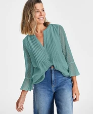 Style & Co Womens Petite Textured Pintuck Ruffle Sleeve Top Sea Spray Size S NWT