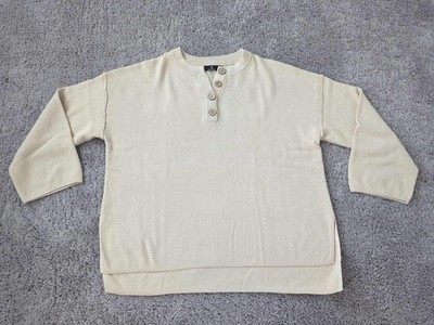 Lillusory Sweater Womens XL Beige Henley Knit Pullover Drop Shoulder Side Slit