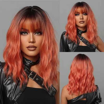 Kurze Bob Kunstfaserperücken schwarz orange rot ombre Perücke mit Pony Damen natur