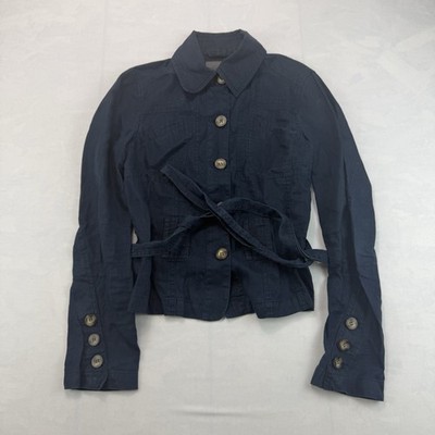 Mexx Utility Jacket Womens 6 Blue Linen Workwear Collared Tie Waist Button Front