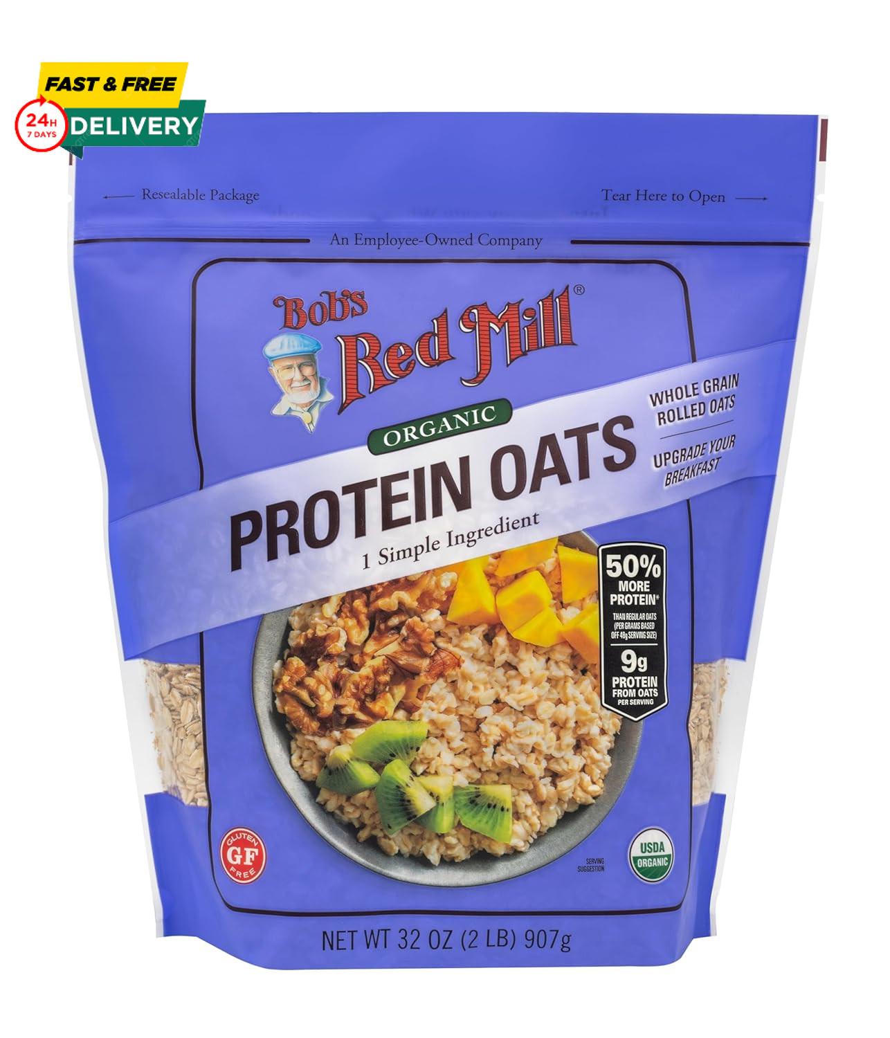 Bob'S Red Mill Organic Gluten Free Protein Oats, 32Oz (Pack of 4) - 9G/Serving,