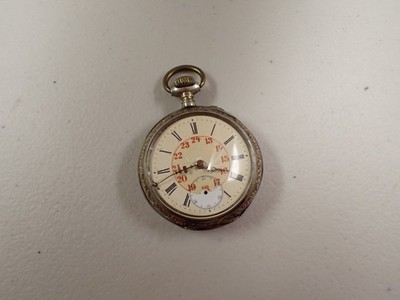 Antique ANCRE LIGNE DROITE 15 Rubis Pocket Watch 800 Silver Case Windmill Etched