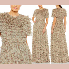 NWT Mac Duggal [ 12 ] 8017 Ruffle Tiered Short Sleeve A Line Gown in Ecru #S1932