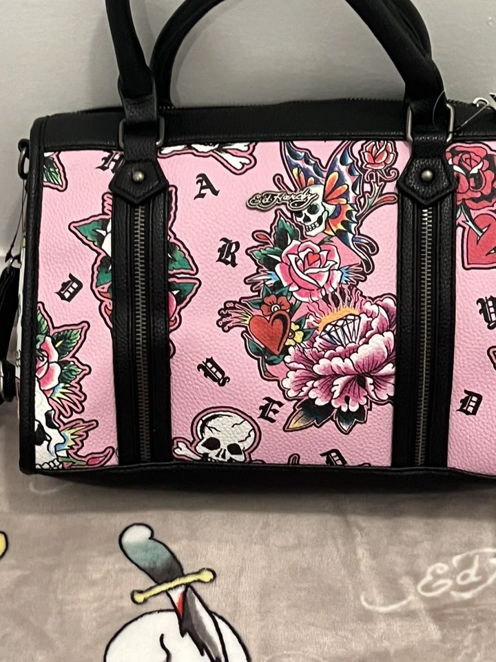 Ed Hardy Tattoo Women’s Skull & Roses Print Pink Satchel Crossbody Shoulder Bag - Image 4 of 4