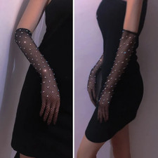 Lady Rhinestone Fishnet Mesh Long Gloves Sparkly Stretch Arm Sleeve Cover Gloves