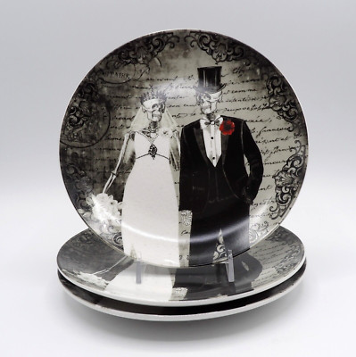 FUN BONES SKELETON BRIDE & GROOM WEDDING COUPLE HALLOWEEN DESSERT PLATE LOT OF 3