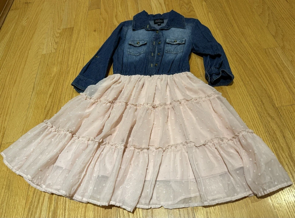 Lote de 2 Vestidos Niñas Talla S 7 Lily Denim Jean/Falda Rosa y Flor Correa Blanca Foto 4 de 4