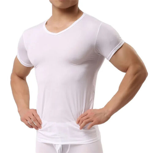 Herren Unterhemd Eis Seide T-Shirts Männer Nylon V-Ausschnitt Kurzarm Tops Ultradünn - Bild 16 von 21