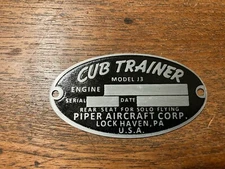 Piper J3 Cub Trainer Data Plate, Lock Haven, The Early Years!