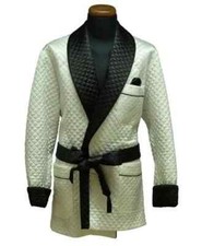 Vintage Quilted Robe Mens Smoking Dressing Gown Luxury Black Satin Lapel Coat