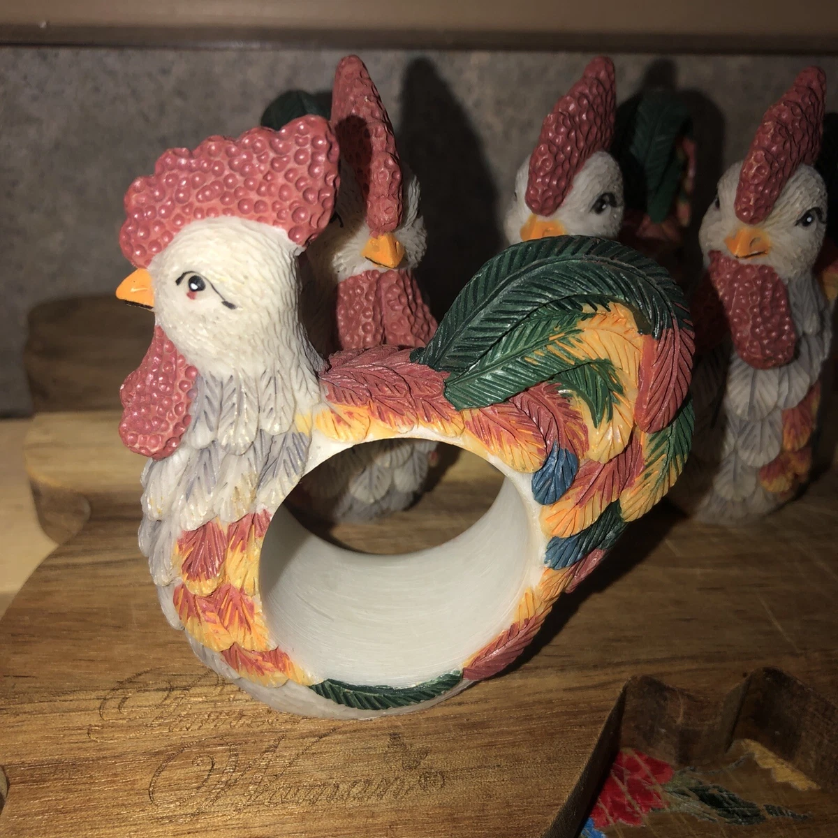 Rooster Napkin Ring Holders Chicken Hen Multi Color Lot of 4 Resin