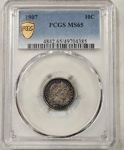 1907 P 10C Barber Silver Dime PCGS MS65 GEM US Philadelphia Mint Coin Toned