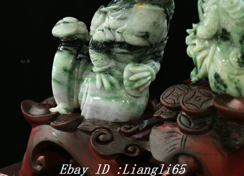 12" 100% Hielo Verde Esmeralda Jadeíta Tallado Sapo Vómitos Dinero Ruyi Estatua - Imagen 12 de 16