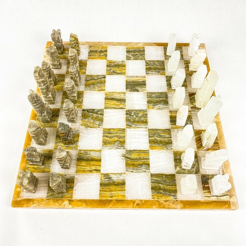 Chess Board with Hand Carved Aztec Marble Onyx Quartz Pieces - Complete Set - Picture 2 of 10
