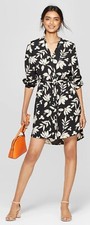 A New Day sz M Black Floral Shirtdress with Tie Belt and Pockets NWOT