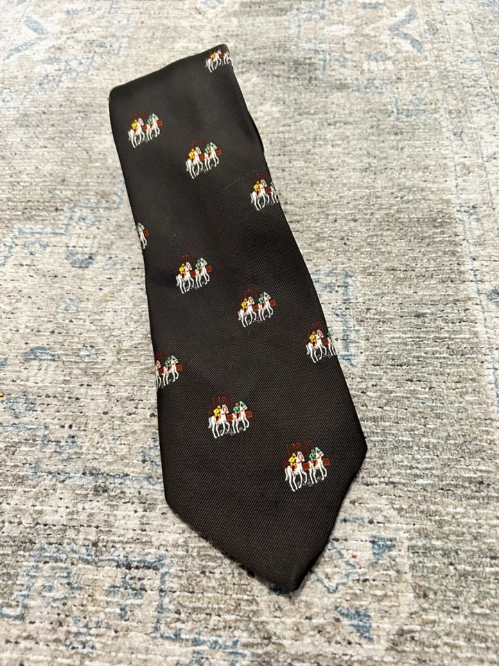 Corbata Hardy Amies vintage marrón carrera de caballos jockey bordada criatura Foto 2 de 4