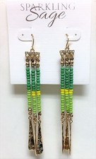 NEW SPARKLING SAGE GOLD TONE+TEAL GREEN BEADS, MULTI STRANDS,CRYSTALS EARRINGS