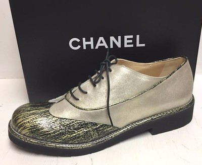 Chanel 16C CC Logo Light Gold Black Lace Up Booties Oxfords