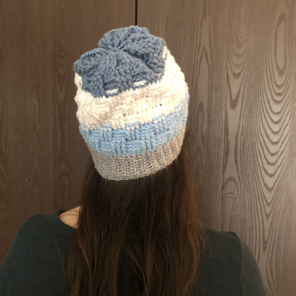 Handmade Crochet Virgin Wool Beanie Hat Blue White Colorblock‎ Textured Knit NEW Just a little hat update! This year I main image 4
