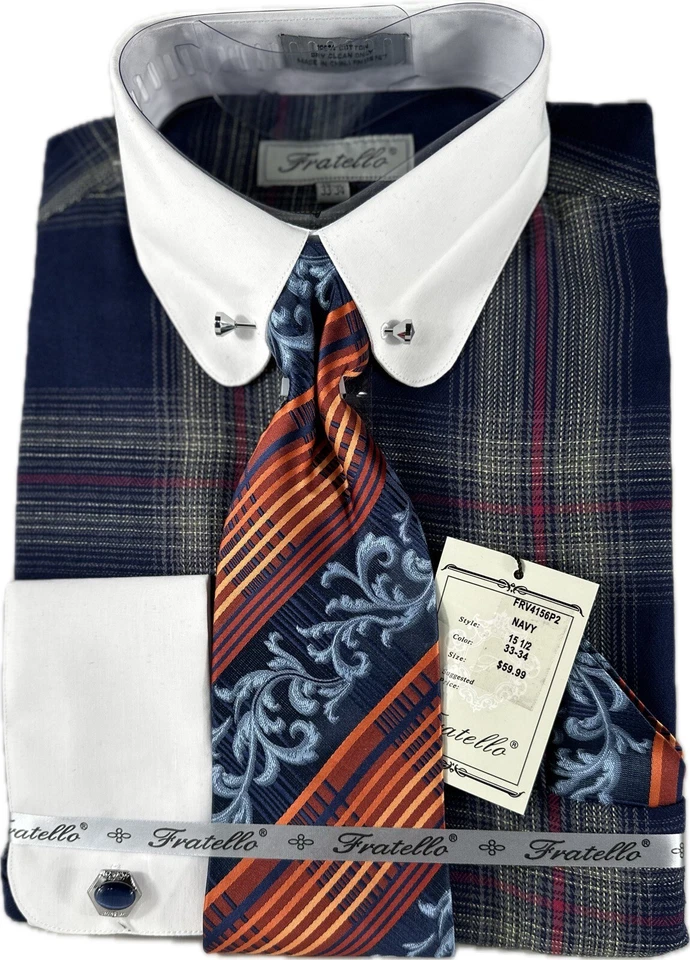 Camisa de vestir Fratello para hombre azul marino rojo melón crema corbata cuello pañuelo barra gemelos Foto 2 de 4